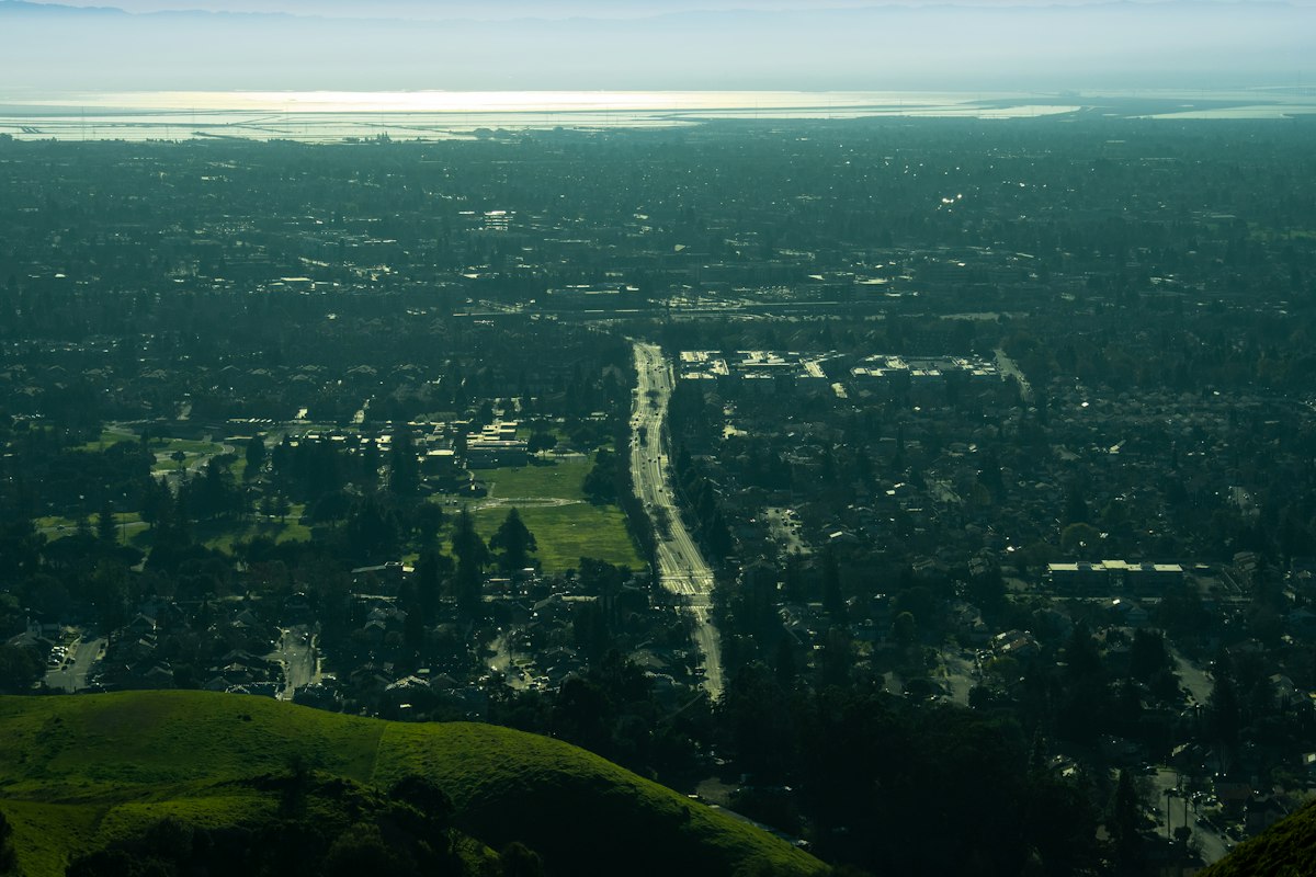 Aerial view looking down Fremont Boulevard toward the bay flats from the Mission Peak foothills