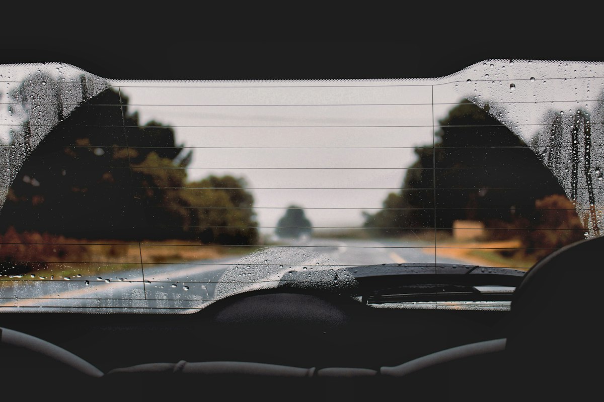View through a car's rear window from inside the cabin, the glass misted and hazy against a gray sky