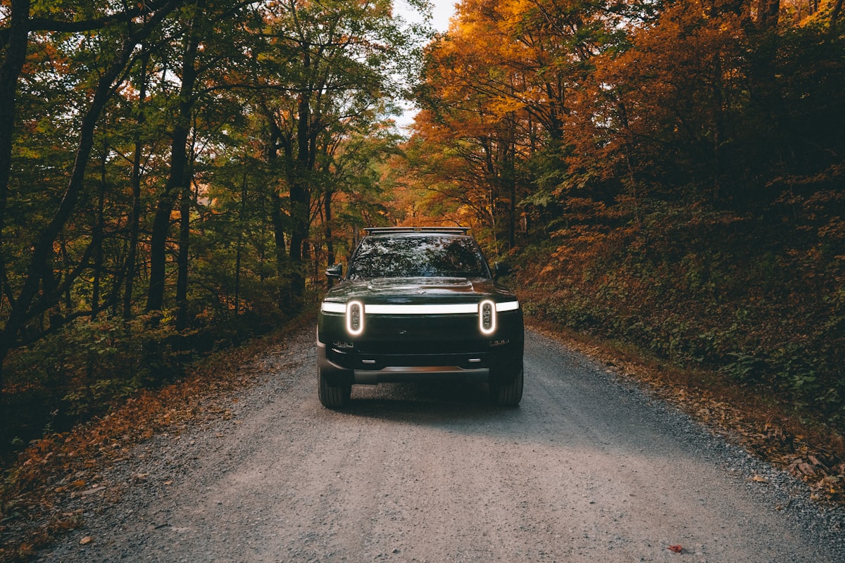 A forest green Rivian R1T electric truck on a gravel forest road.