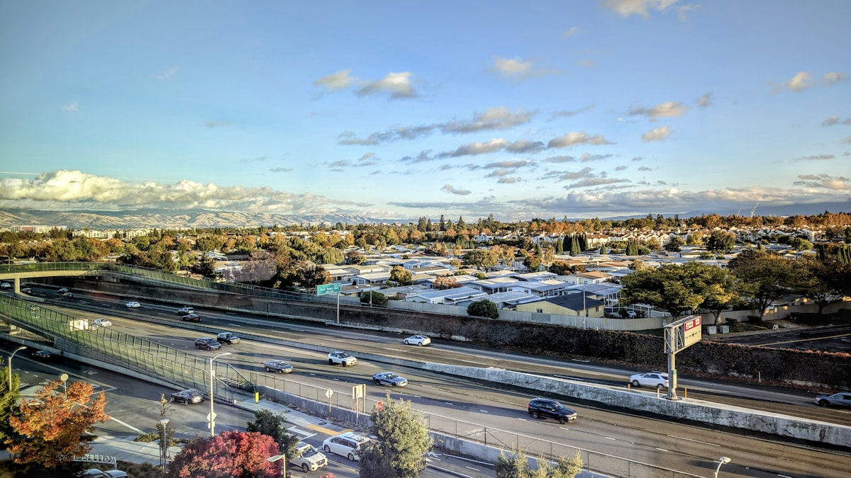 Aerial view of Sunnyvale California suburban neighborhoods and freeway corridor